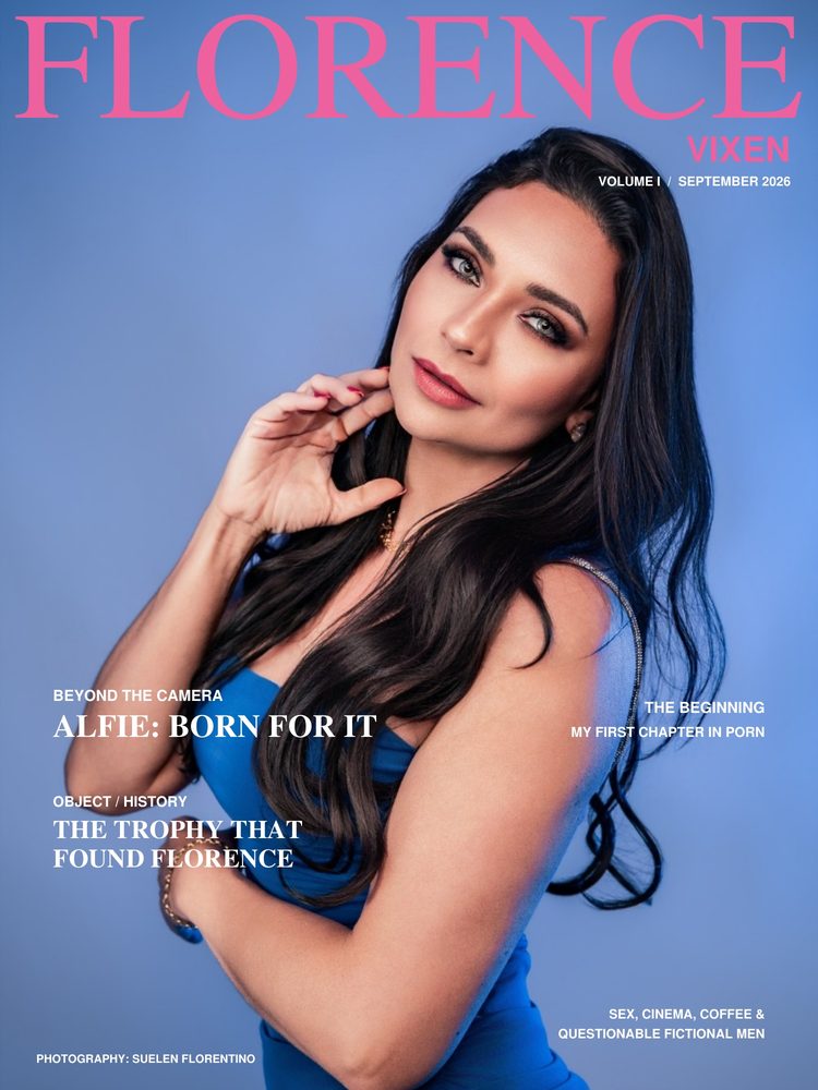 Cover of Florence Vixen magazine, Volume I, September 2026: Florence in a blue dress